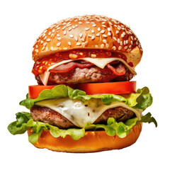 New transparent background isolated burger with beef lettuce tomato bacon and cheese