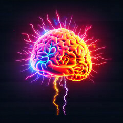 Convolutions of the brain in a neon bright color with flashes. ai