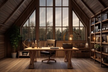 A render of a wooden, stylish home office interior background.