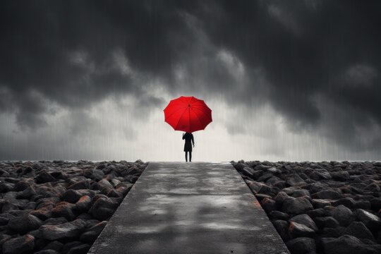 Person with red unbrella under the rain