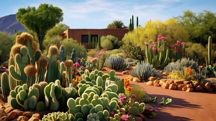  a cactus garden with many different types of plants and flowers.  generative ai