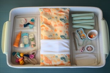 top view of a changing pad with diapers and accessories