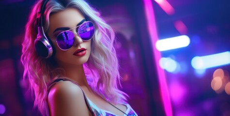 Attractive woman in a dj headphonesand sunglasse