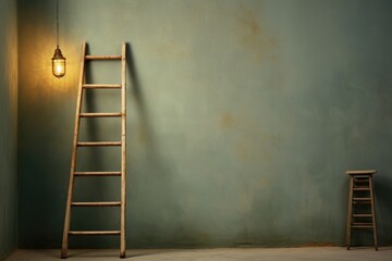 ladder leaning against a wall, light bulb nearby