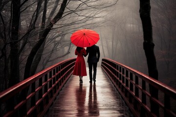Person with red unbrella under the rain - obrazy, fototapety, plakaty