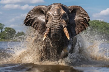 charging bull elephant splashing through water