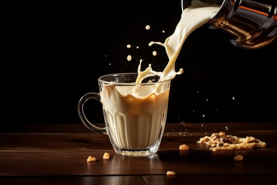 Caf&eacute; vien&eacute;s con leche verti&eacute;ndose en ambiente acogedor, Delicado chorro de leche en caf&eacute; con granos tostados, Ritual matutino: Preparando un caf&eacute; con leche cremosa