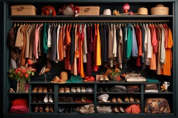 Fototapeta na wymiar wardrobe with neatly arranged clothes and shoes