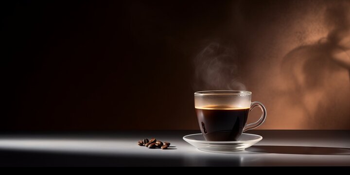 Taza de caf&eacute; humeante sobre fondo oscuro, Aroma y sabor: taza de caf&eacute; con granos, Fotograf&iacute;a minimalista de caf&eacute; con vapor
