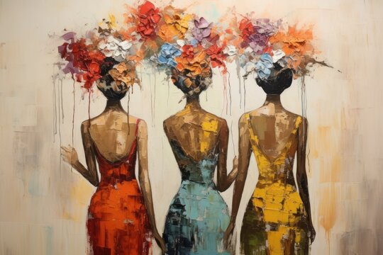 A description of an oil painting could be a conceptual abstract artwork featuring three female figures adorned with flower bouquets on their heads. The painting is created using a palette knife