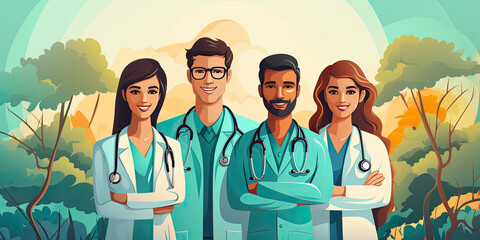 A flat design team doctor working at a hotpital, with flat-style illustrations,generative ai - obrazy, fototapety, plakaty