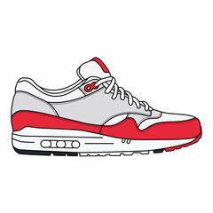  Red, grey and white sneaker, outlined and isolated on a white background. Suitable for commercial purposes.