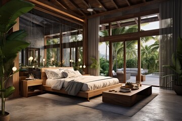 A visualization of a modern and contemporary loftstyle bedroom featuring a refreshing tropical garden view. The room showcases concrete tiled floors and walls, complemented by wooden ceilings to