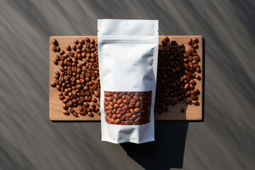 Mockup bolsa blanca con ventana transparente para marca de café, packaging bolsa blanca con etiqueta blanca, granos de café ecológicos al atardecer