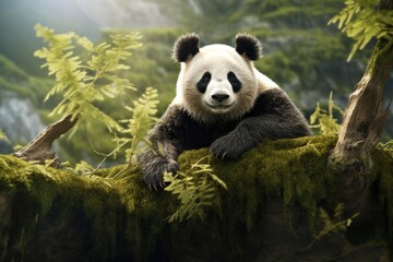 Obraz na płótnie Canvas Giant panda, Ailuropoda melanoleuca, clutching on to a tree. Generative ai