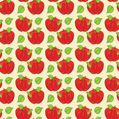 Red apple with a smiling worm. Seamless pattern. Vector illustration.