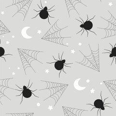 Seamless pattern with spiders, cobwebs on the background of the night sky, moon and stars. Vector graphics.