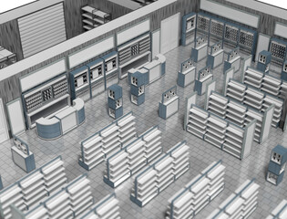 Isometric view of a 3d layout plan inside an electronics or manufactured goods store - obrazy, fototapety, plakaty