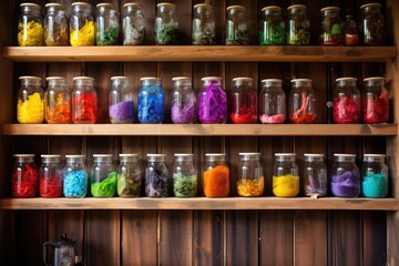 colorful labeled jars on wooden pantry shelves