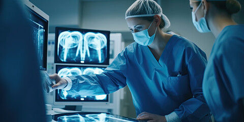 Orthopedic surgeon doctor examining patient's knee joint x-ray films, MRI bone, CT scan in at radiology orthopedic unit. generative ai - obrazy, fototapety, plakaty