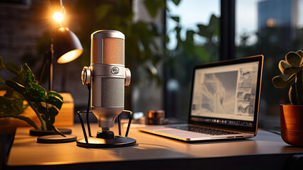 photograph of a close up of a microphone on a desk in a cozy modern podcast studio room with a laptop pc and other devices and gadgets.generative ai
