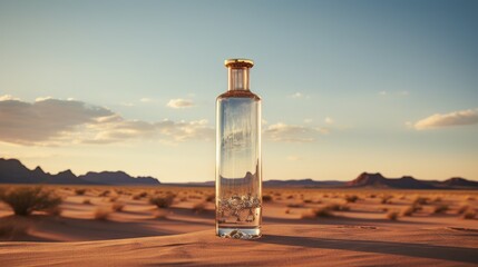  a bottle of wine sitting on top of a desert field.  generative ai - obrazy, fototapety, plakaty