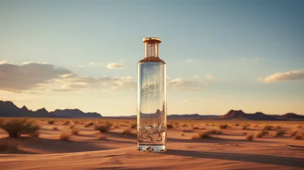 Fotobehang  a bottle of wine sitting on top of a desert field.  generative ai © Anna