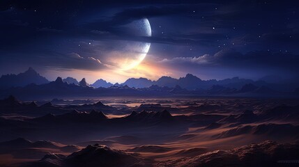  an alien landscape with mountains and a moon in the sky.  generative ai
