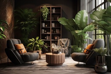 A cozy urban apartment is adorned with a grey armchair and indoor plants, including monstera and palm trees, creating a delightful urban jungle atmosphere. The concept of biophilia design is