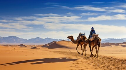 a man riding a camel in the desert with mountains in the background.  generative ai