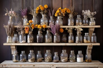 dried flowers in antique glass jars on a wooden shelf