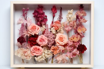preserved flowers in a glass frame as a creative wall decoration