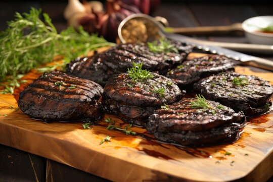 Grilled Portobello Mushrooms On A Board