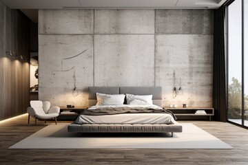 The idea for the bedroom interior design concept includes a rendering with a concrete wall texture background.