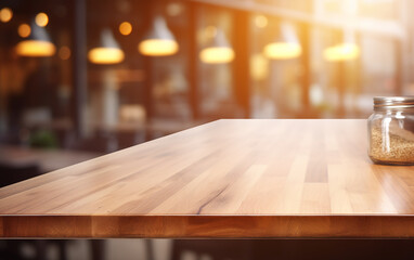 Bokeh background with empty wooden deck table for product montage display
