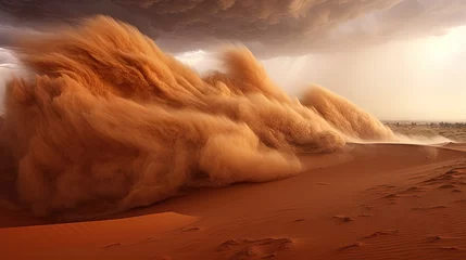 Schilderijen op glas  a desert scene with sand blowing in the wind and storm clouds.  generative ai © Anna