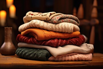 sweaters folded in piles on a cozy wooden table - obrazy, fototapety, plakaty