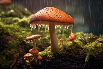 raindrops splashing spores from a mushroom cap