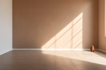 Fototapeta na wymiar Empty bright room with modern floor and shadow on the wall, Generative AI