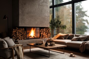 A fireplace with a fire at home creates a cozy atmosphere in a comfortable living room. The fireplace features a metal fireside topped with log wood, enclosed behind a glass door. This modern interior - obrazy, fototapety, plakaty