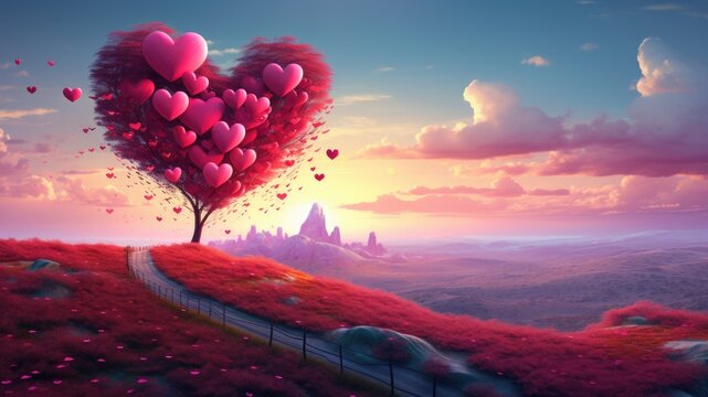 Tree full of hearts on a hillside, valentine's day wallpaper, happy anniversary wallpaper with copy space for text