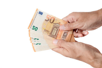 Man's hands holding euro banknotes, isolated on white background.
