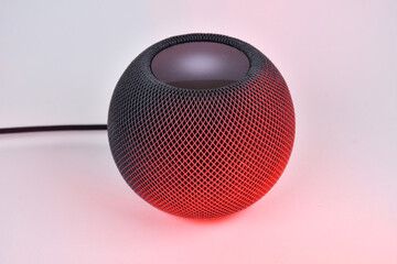 CANADA -  August 9, 2023 , HomePod Mini new small smart speaker featuring powerful sound and Siri personal assistant on boxes