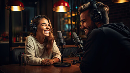 photograph of Two young women record podcast and laugh.generative ai