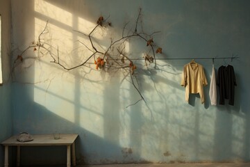 shadow play of hanging laundry on a textured wall