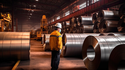 photograph of Worker and stock with rolls of sheet steel in industrial plant