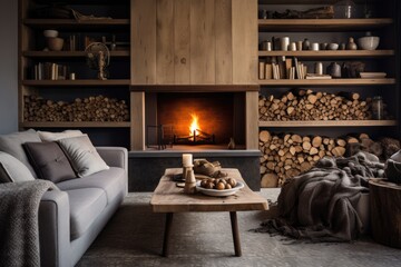 A cozy living room interior features a decorative fireplace adorned with neatly stacked wood.