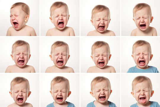 photo set of a closeup photo of a cute little baby boy child crying and screaming