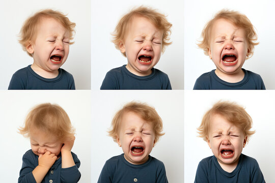 photo set of a closeup photo of a cute little baby boy child crying and screaming