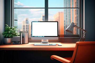 Front view of desk office with computer screen with transparent background with copy space